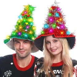 Adults Kids Blinking Glowing Christmas Tree Hats Santa Hat with Tinsel LED Colorful Lights Star New Year Costume