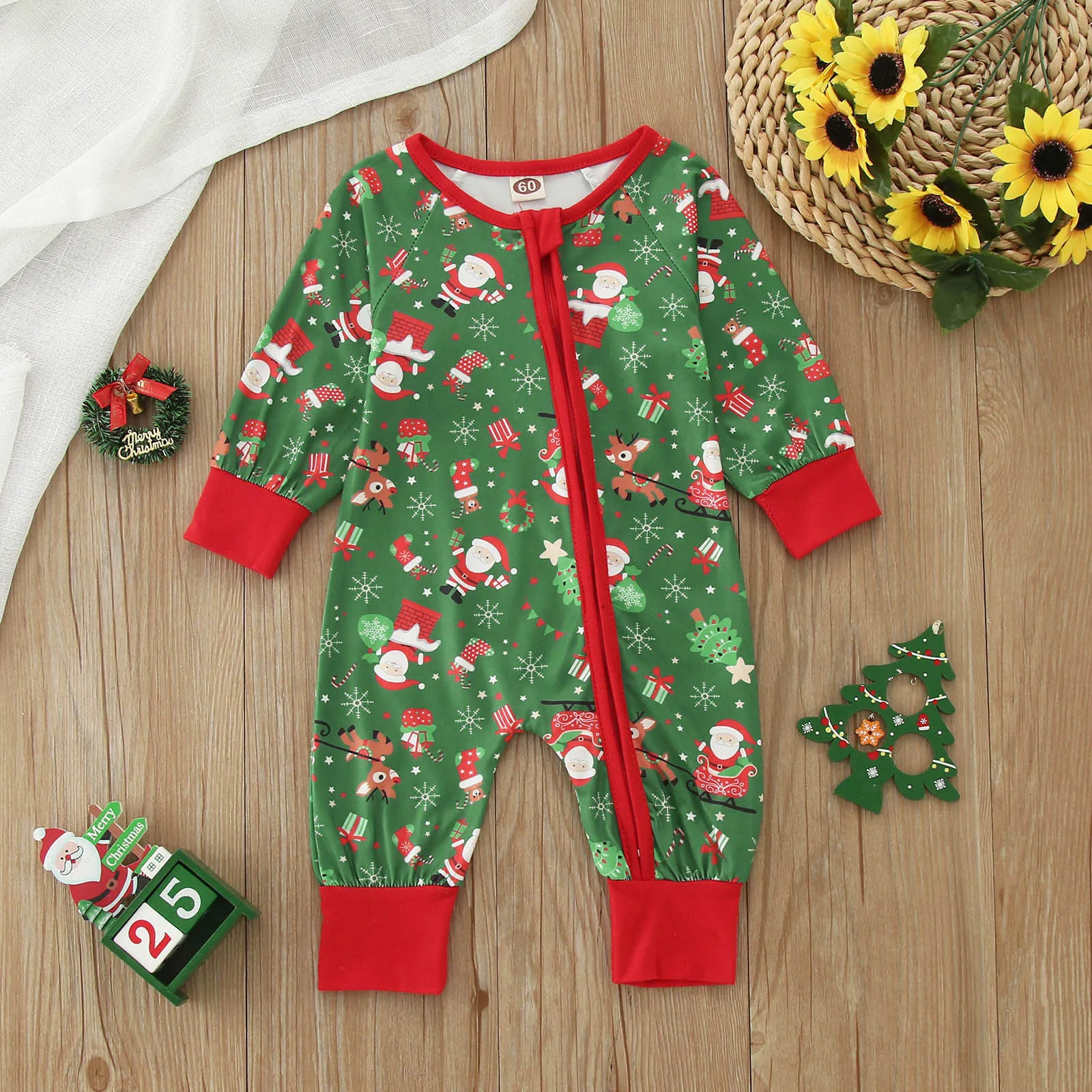 

0-12M Christmas Newborn Baby Girls Boys Cute Romper Xmas Trees Print Long Sleeve Zipper Jumpsuits Toddler Xmas Print Bodysuits