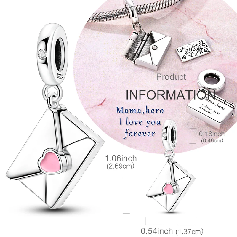 Pingente de Coração Aberto com Letra 'Mãe' em Prata Esterlina 925 Original, Compatível com Pulseira Original para Mulheres, Presente de Joias DIY