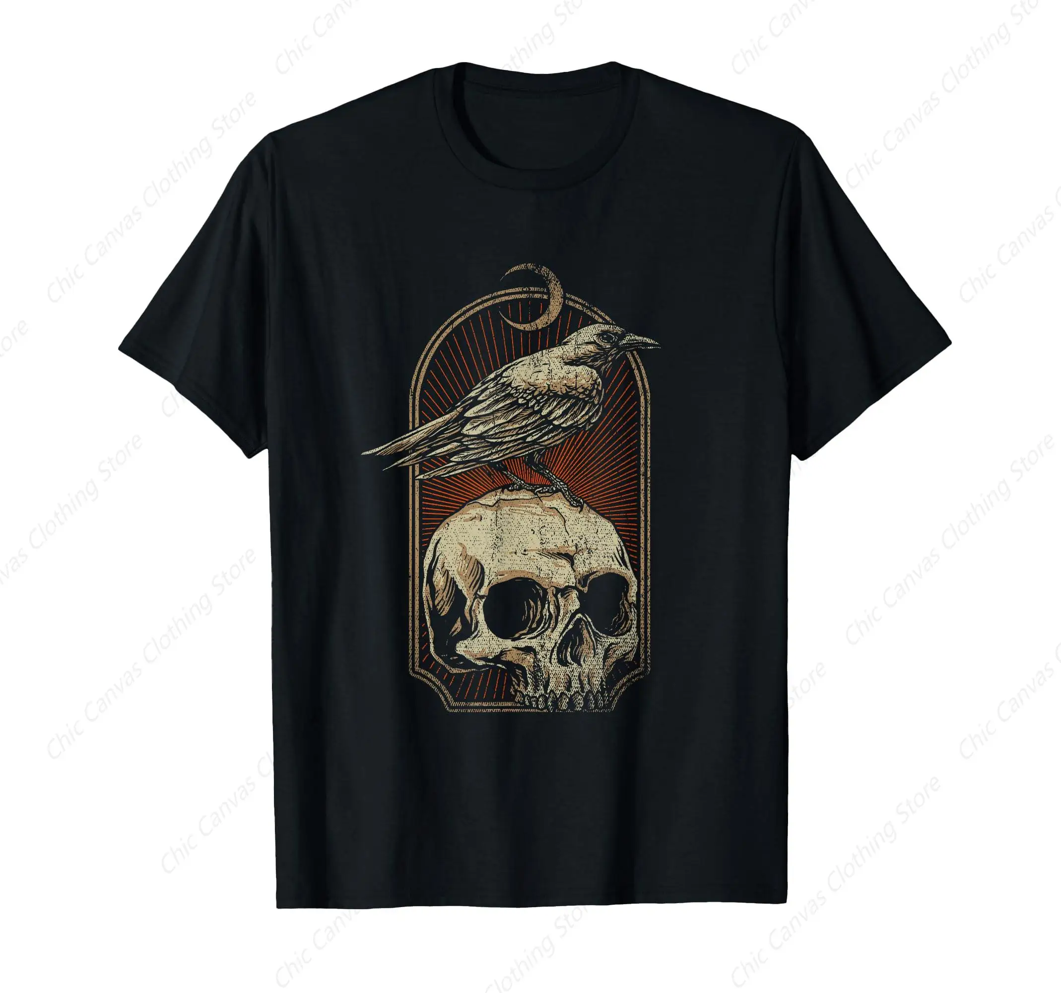 

Witch Terror Crow Ghoul Printed Shirt Cool Fashion Skeleton Moon Crow T-shirt Black Pure Cotton Short Sleeve