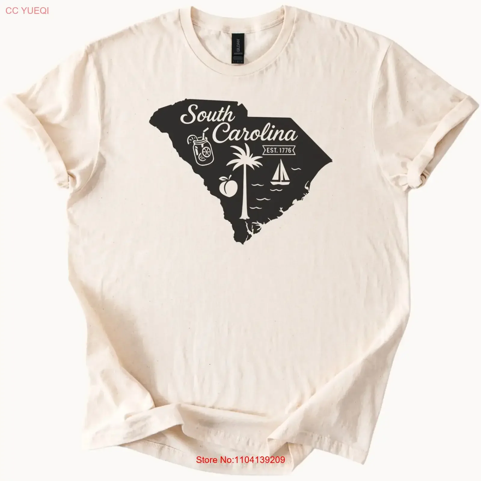 South Carolina T Shirt State Outline Palm Tree Peach Sailboat vintage Washed Breathable Top For Everyday Wear streetwear