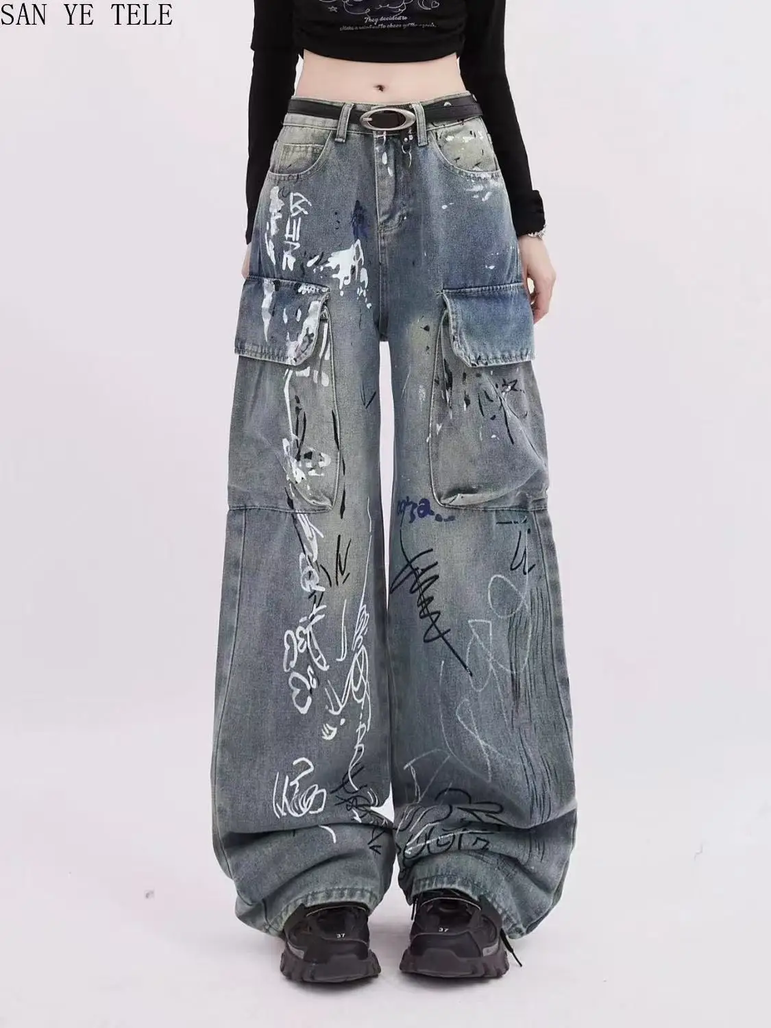 Graffiti Multi Pocket Cargo Jeans Retro Personalized Women BF High Waist Loose Casual Straight Leg Trendy Washed Pants