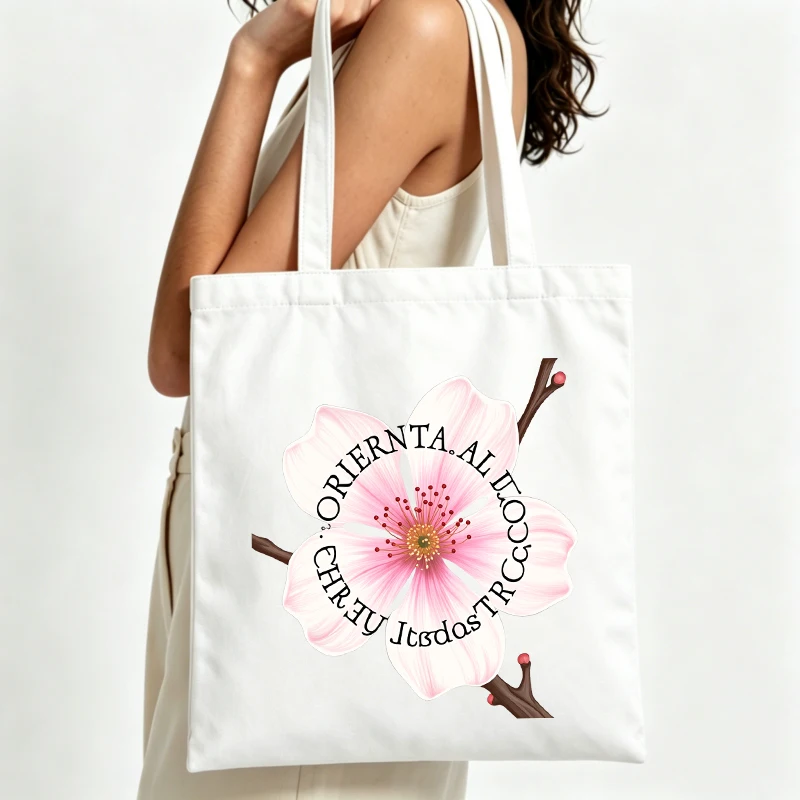 Women's cherry blossom graphic canvas tote bag with letter print, casual style for daily shopping and outings