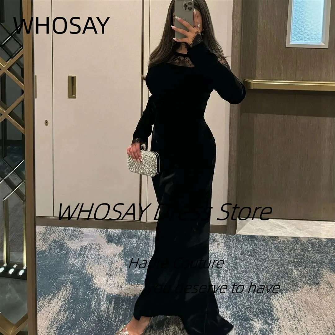 

WHOSAY Black Evening Dresses Customized Lace Neckline Long Sleeves Prom Dress Soft Velour Wedding Party Saudi Women Wear
