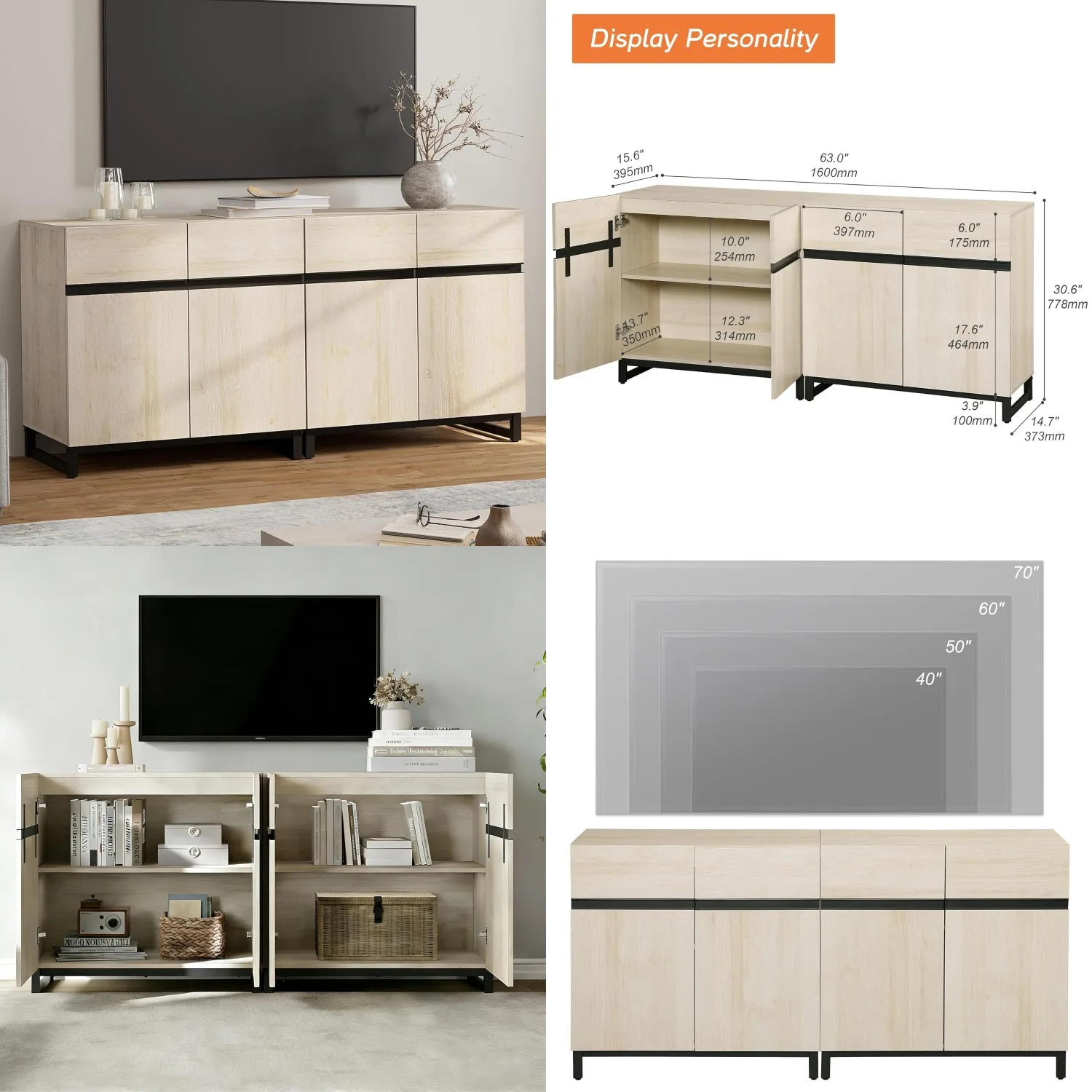 

Modern TV Stand Adjustable Shelves Metal Base Media Console Living Room Bedroom 70 Inch, Customized