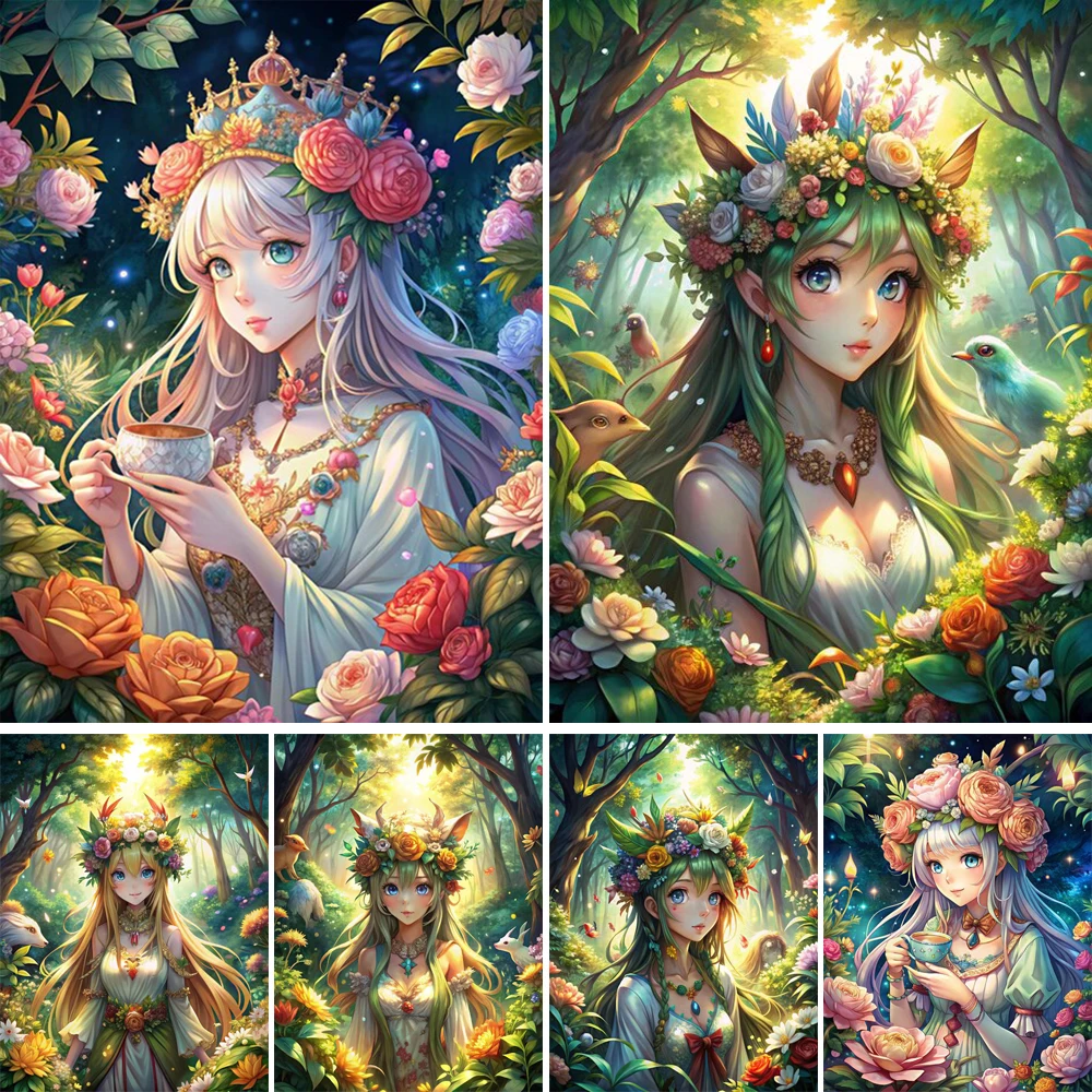 Diy Diamond Painting Mosaic Anime Girls With Flower Crowns Full Square Round Cross Stitch Embroidery Handmade Wall Decor