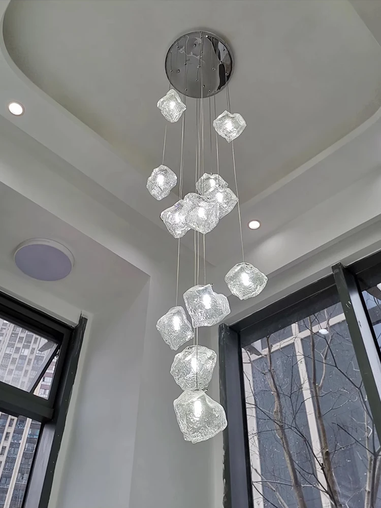 

LOFT Staircase Hanging Ceiling Lamp Designer Villa Duplex Building Hanging High Light Luxury Lava Ice Block Crystal Long Pendant