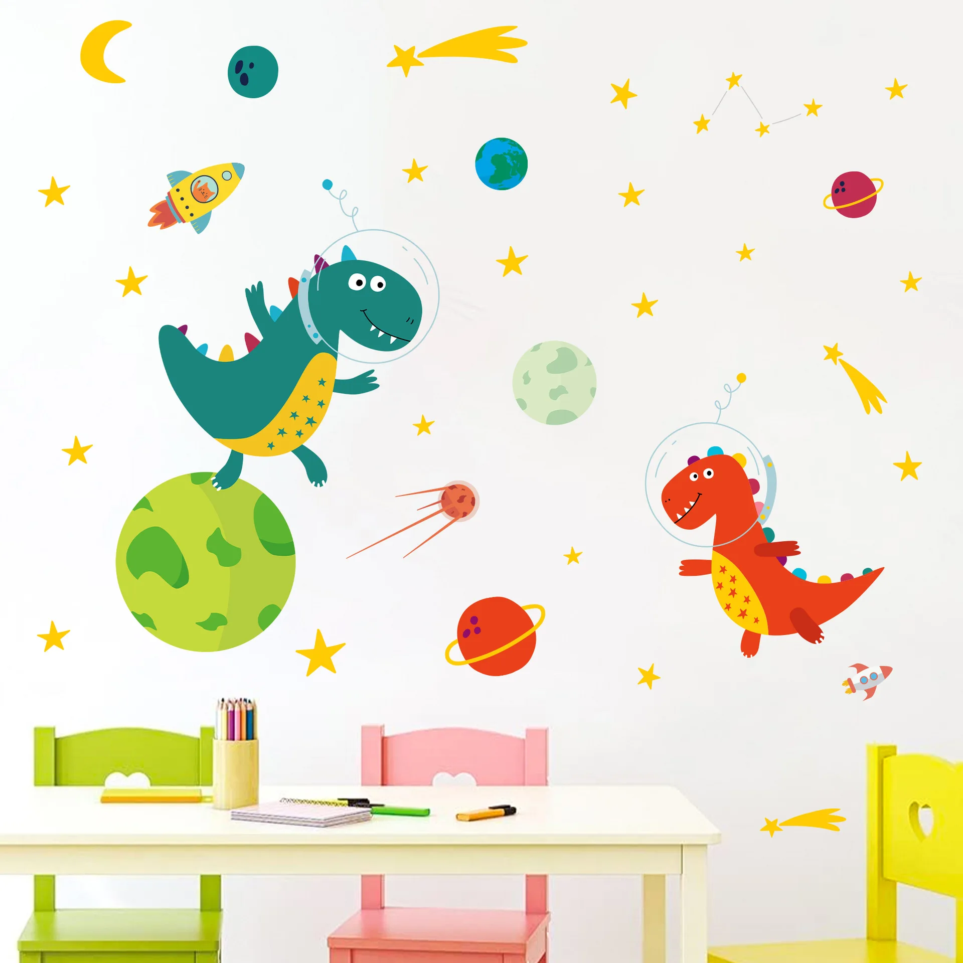 Space Astronaut Dinosaur Wall Stickers Spaceship Rocket Planet Decals for Baby Boy Bedroom Kids Room Nursery Classroom Decor