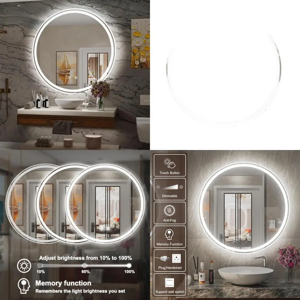 

30-Inch Round LED Mirror, Anti-Fog, Dimmable Backlight, 6000K Daylight, Frameless, 5mm Tempered Glass, Touch Control