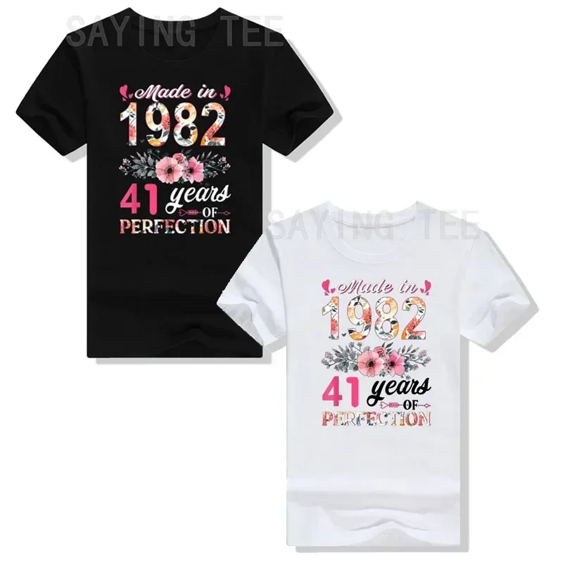 Made In 1982 Floral 41 Year Old 41th Birthday Gifts Women T-Shirt Funny Woman's Fashion Clothing Mom Gift Graphic Tee Tops