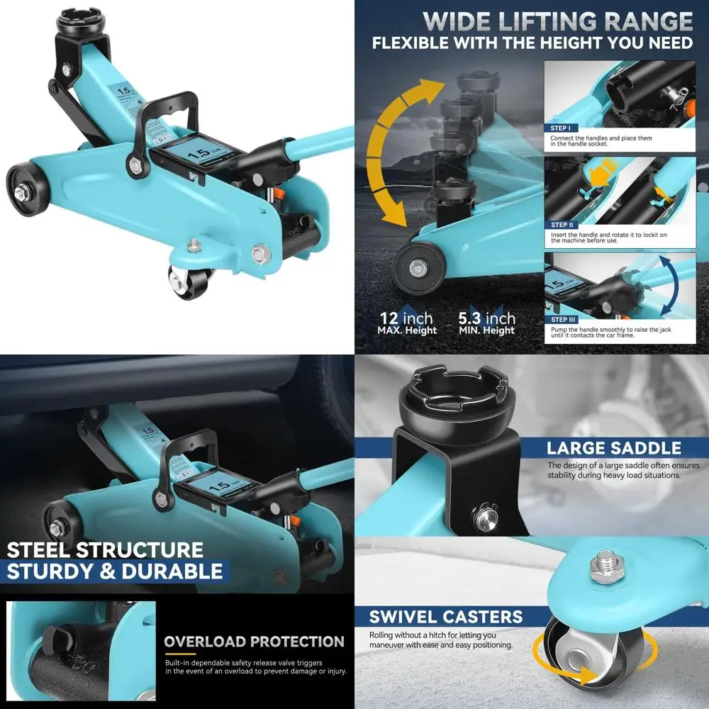 

Heavy-Duty Single-Piston Hydraulic Car Jack, 1.5 Ton Capacity, 5.3-12 Lift Range, Sky Blue