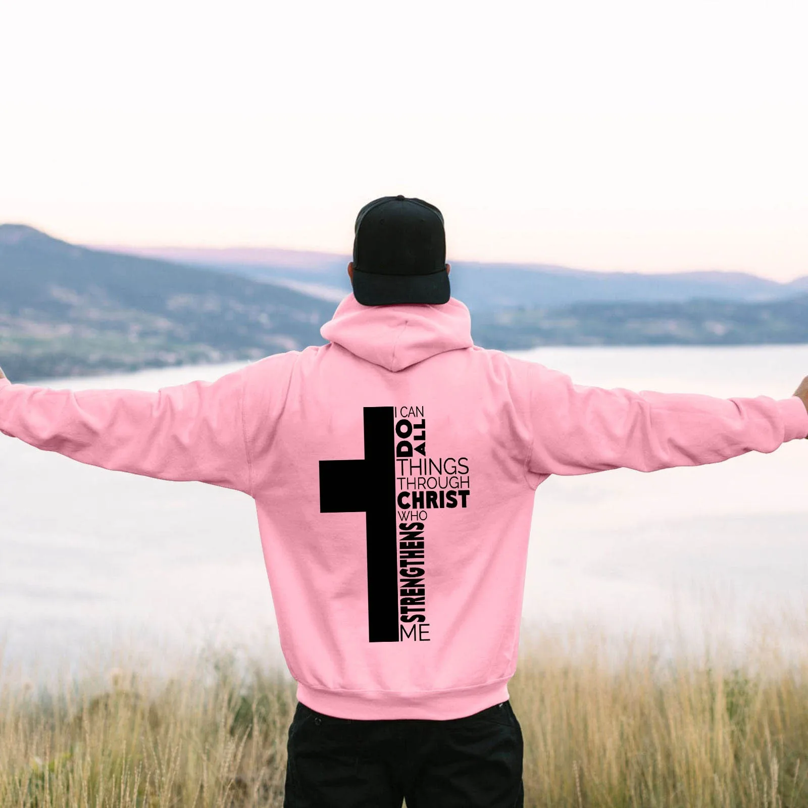 Jesus Theme Men's Hoodies The Christian Cross Long Sleeve Hooded Sweatshirt Solid Color Back Print Men's Pullover Sweatshirt