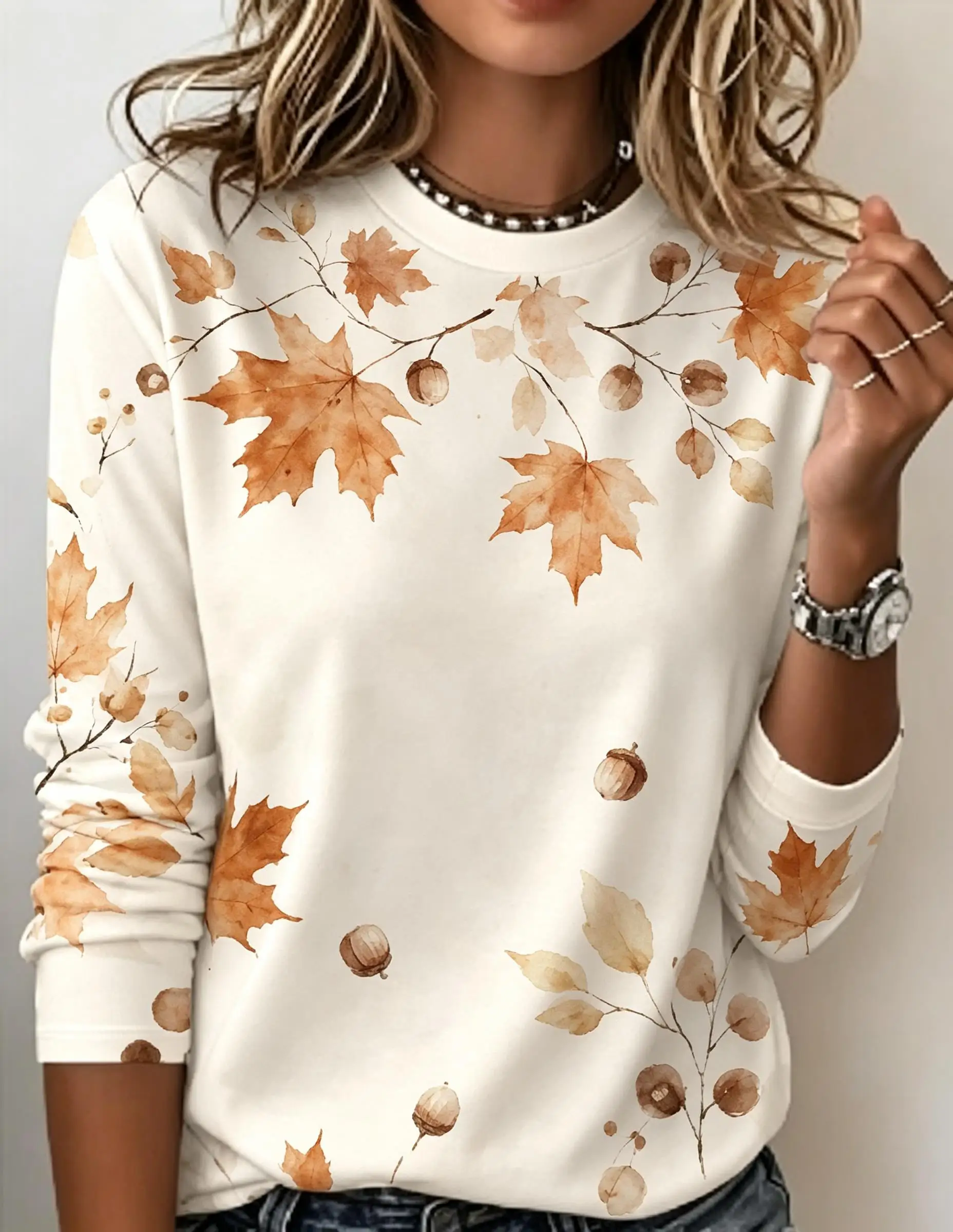 Women Long Sleeve T Shirt Round Neck Casual Tops Watercolor Maple Leaf Acorn Print Autumn Fashion Loose Fit Daily Wear