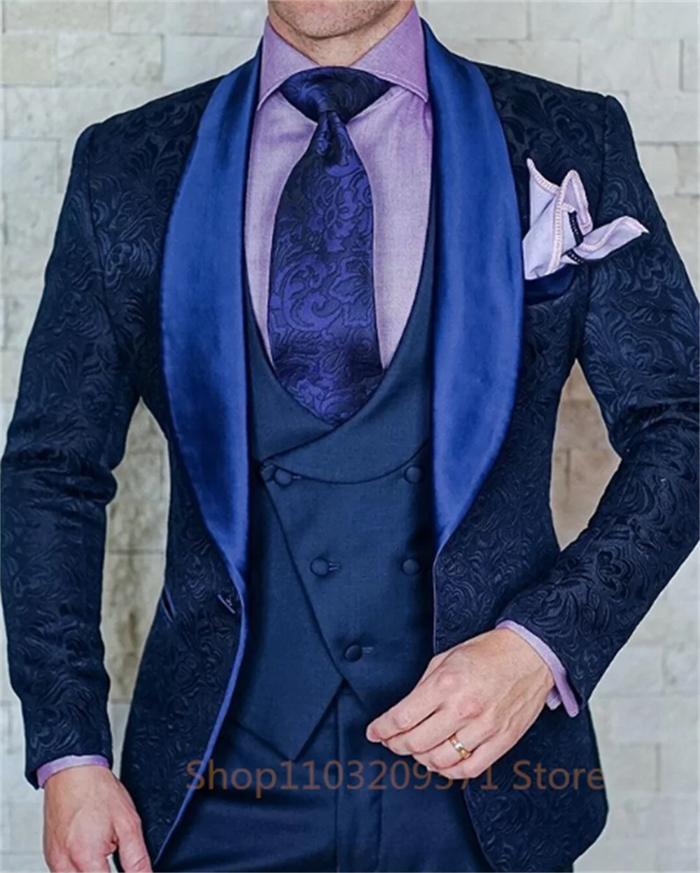 3 Piece Elegant Mens Suits Italian Design Custom Made Navy Blue Jacquard Smoking Tuxedo Jacket Groom Wedding Suits For Men