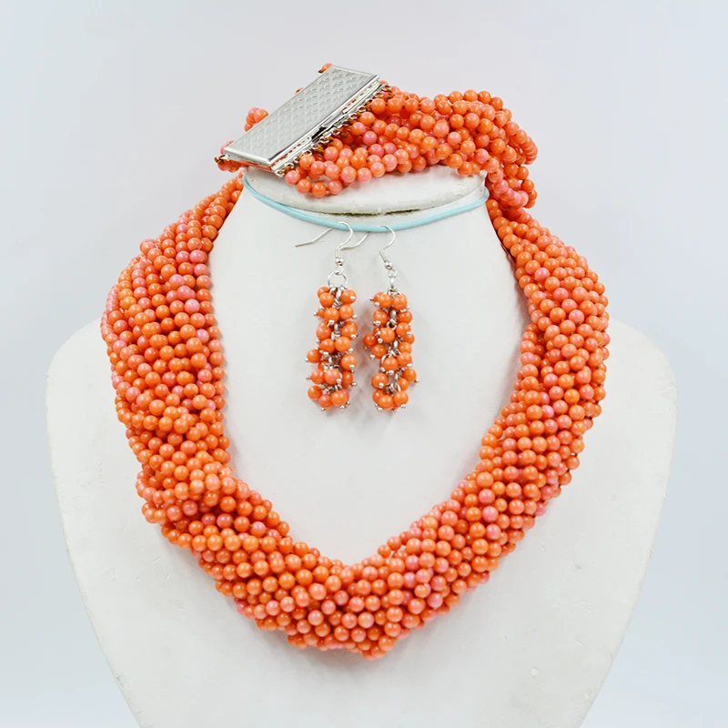 

20 strand necklace/13 strand bracelet. 4MM natural orange coral necklace. Classic Bridal Wedding Jewelry Set