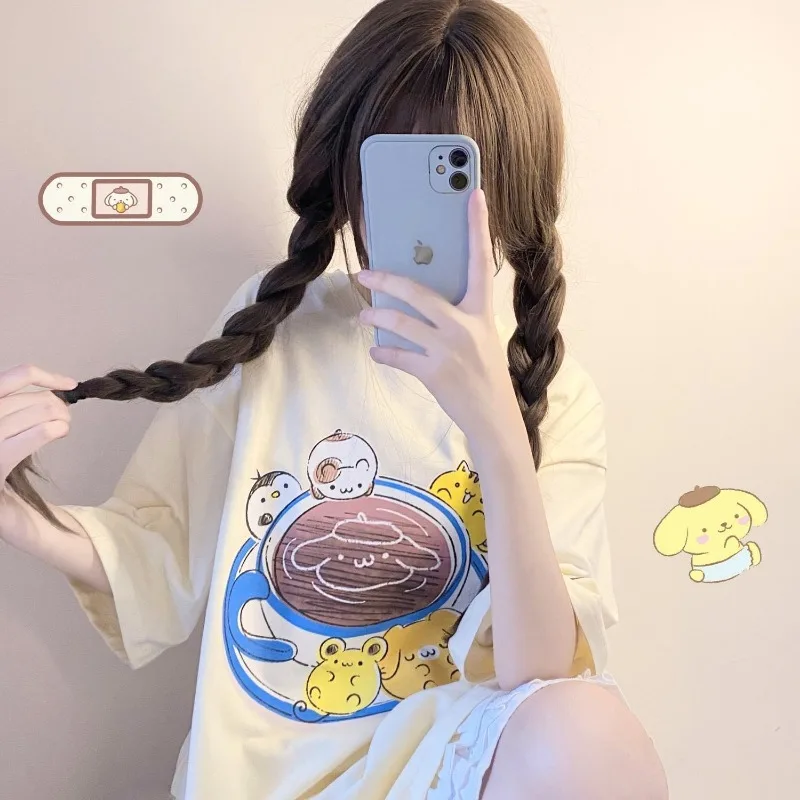 Sanrio 2000s Summer New Cute Pompom Purin Print Girl T-shirt Female Student Soft Girl Y2K Top Preppy Style Loose Versatile Tees