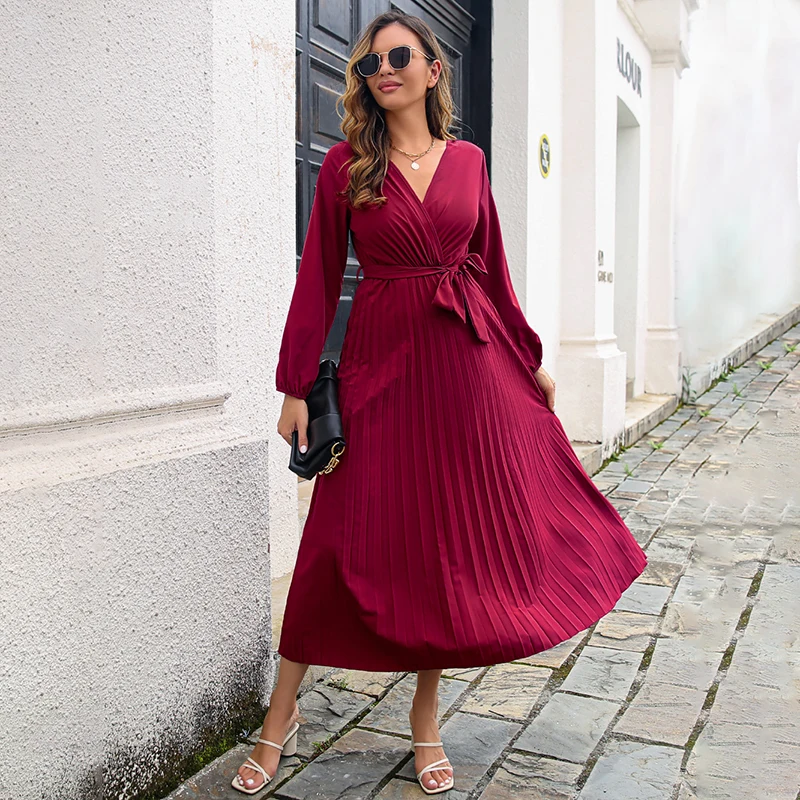 

Black Long Dresses for Women 2022 Autumn A-Line Elegant Evening Dress Party Vestidos Belt V-Neck Solid Long Sleeve Pleated Dress