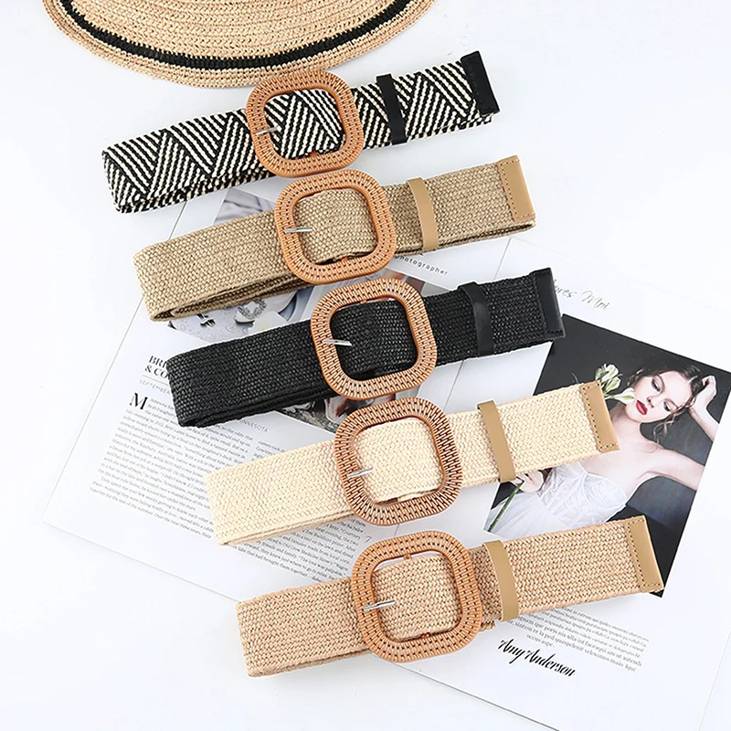 Wide Belt Stretchy Elasticated Raffia Woven Wooden Buckle Women's Belt Fashion Creative Accessories