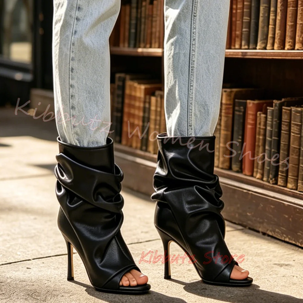 Women Pleated Sandals Stiletto Heel Lace Up Open Toe Strappy Summer Festival Party Dress Shoes Slip-On Leather Solid Color Sexy
