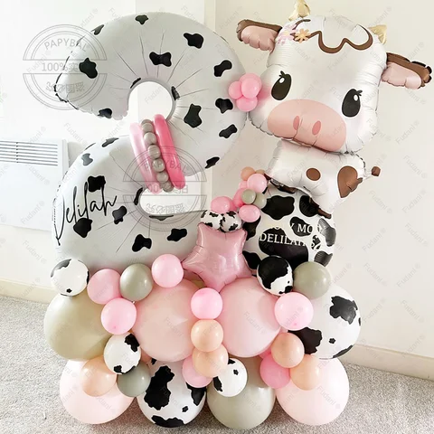 37PCS 동물 암소 테마 풍선 열 40inch 암소 번호 1-9st 어린이 생일 파티 장식 동물 농장 호일 풍선 장식