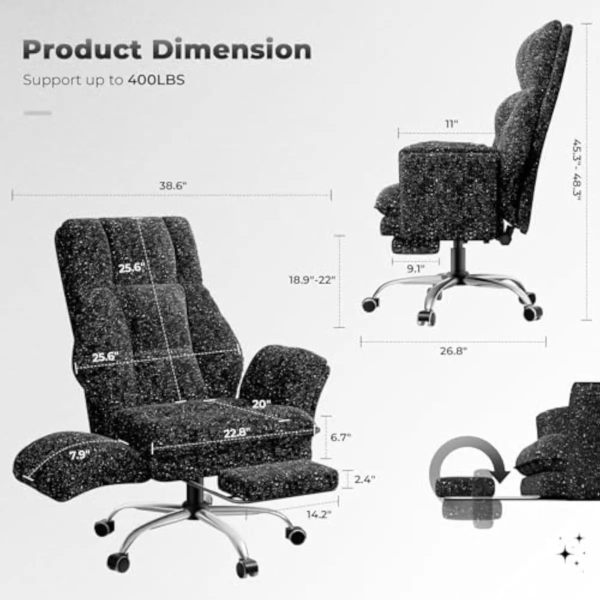 Oversized Ergonomic Recliner with Flip-Out Armrests for Pets Cross-Legged Postures Swivel Base Adjustable Height Footrest Pocket