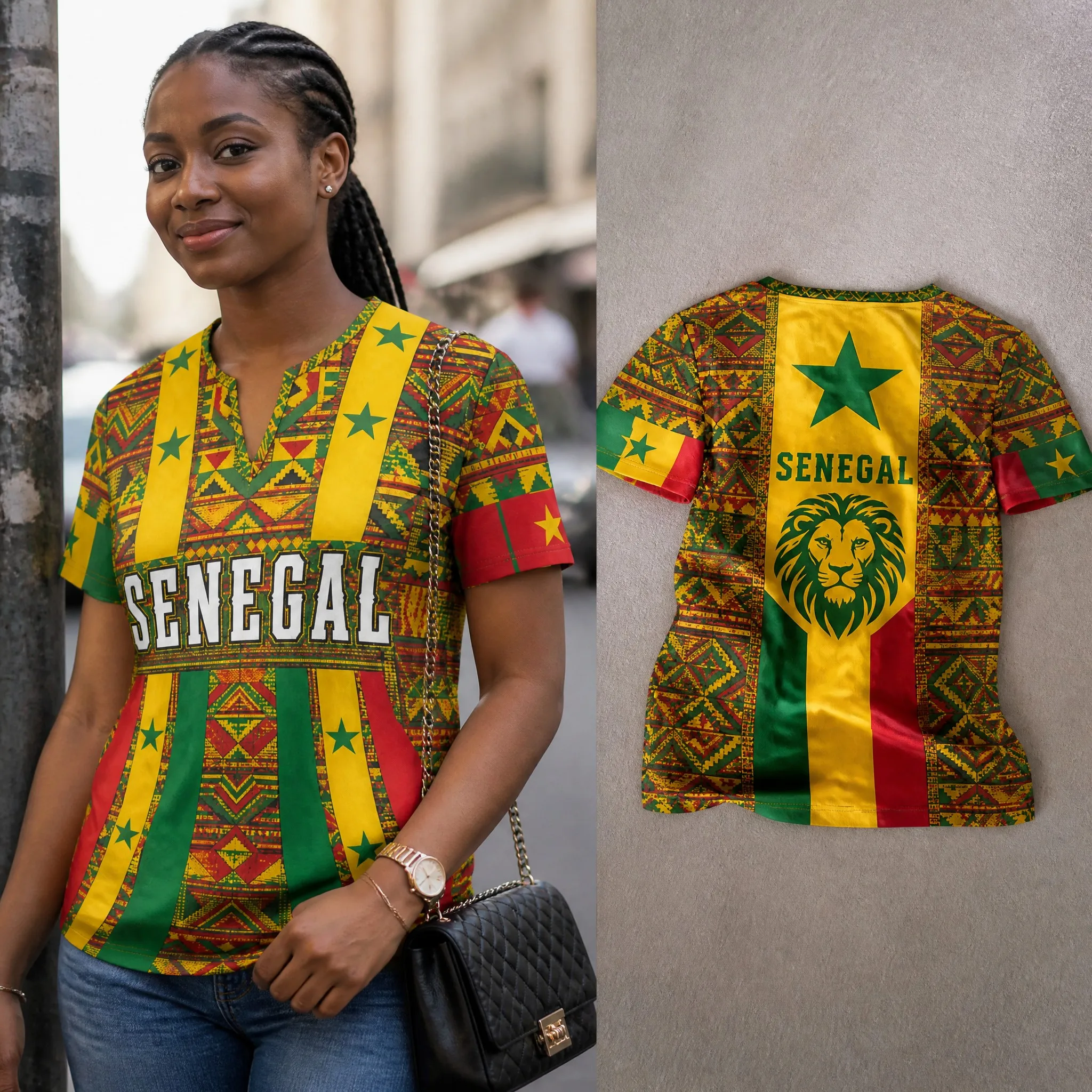 Womens Senegal Small V Neck T Shirt Yellow Flag Crest Lion Print Short Sleeve Summer Casual Heritage Daily Streetwear Top Styles
