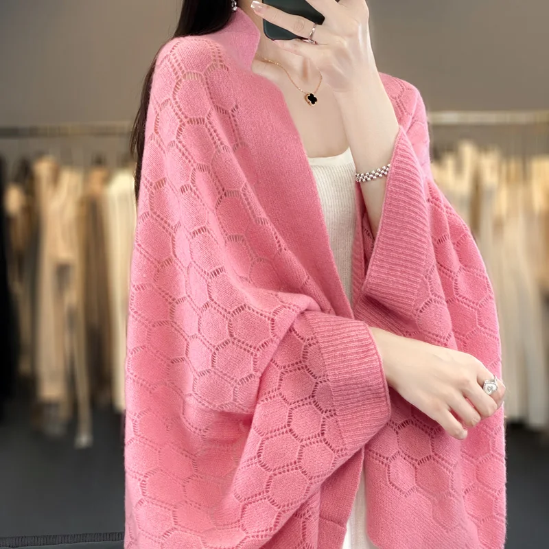 100% Merino Wool New Fashion Spring Cardigan For Women Grace Soft  Knitted Scarf Hollow out Spherical Design Korean Style Shawls