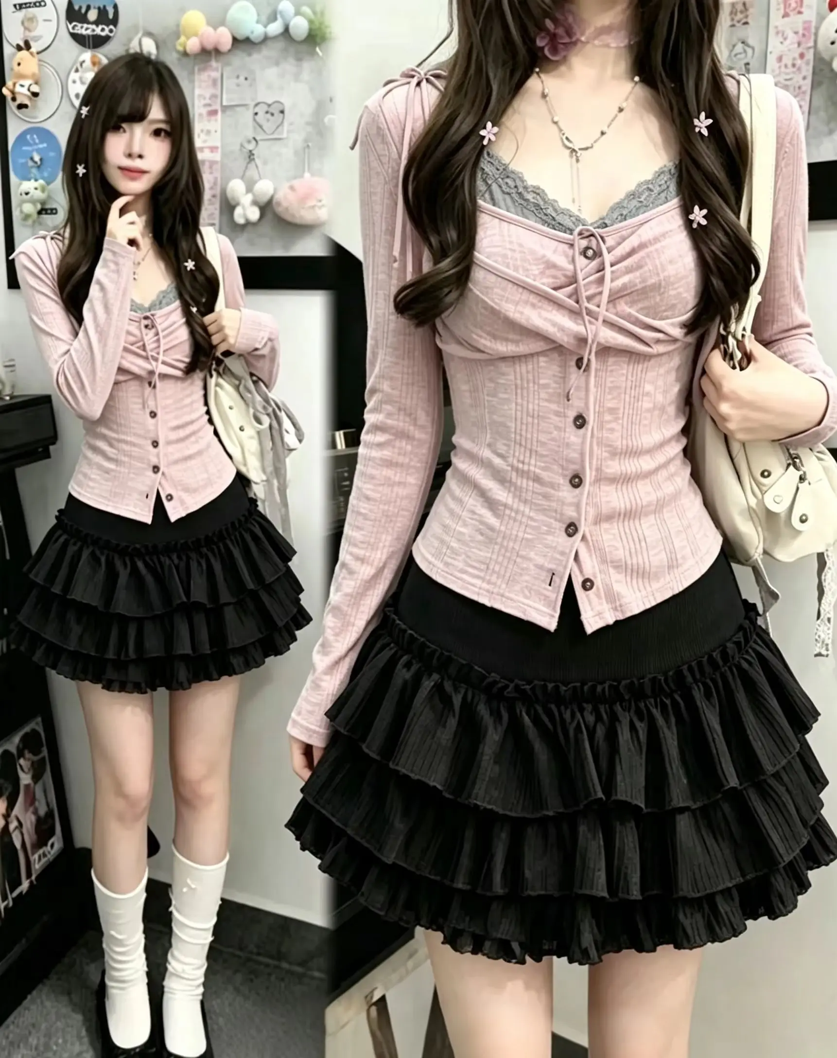 Women Japanese Vintage 2 Piece Set Korean Y2K Crop Top & Mini Skirt Matching Outfits Retro Streetwear Club Party Suits