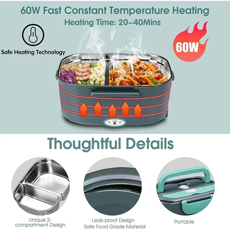 Portable 110V/12V/24V Electric Heated Lunch Box 40W 60W 80W Food Heater 2 Compartments For Adults Car Truck Work Travel