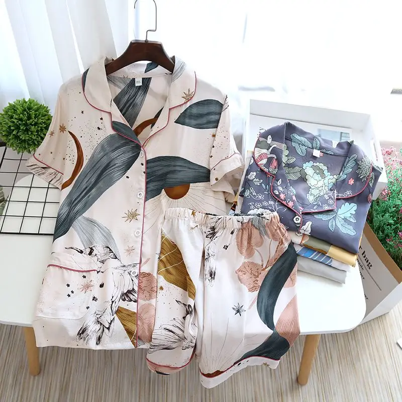 

Print Cotton Pajamas Women Short Sleeve Top Shorts Summer Homewear Oversized Pajama Sets Cardigans Korean Chic Nightwear New