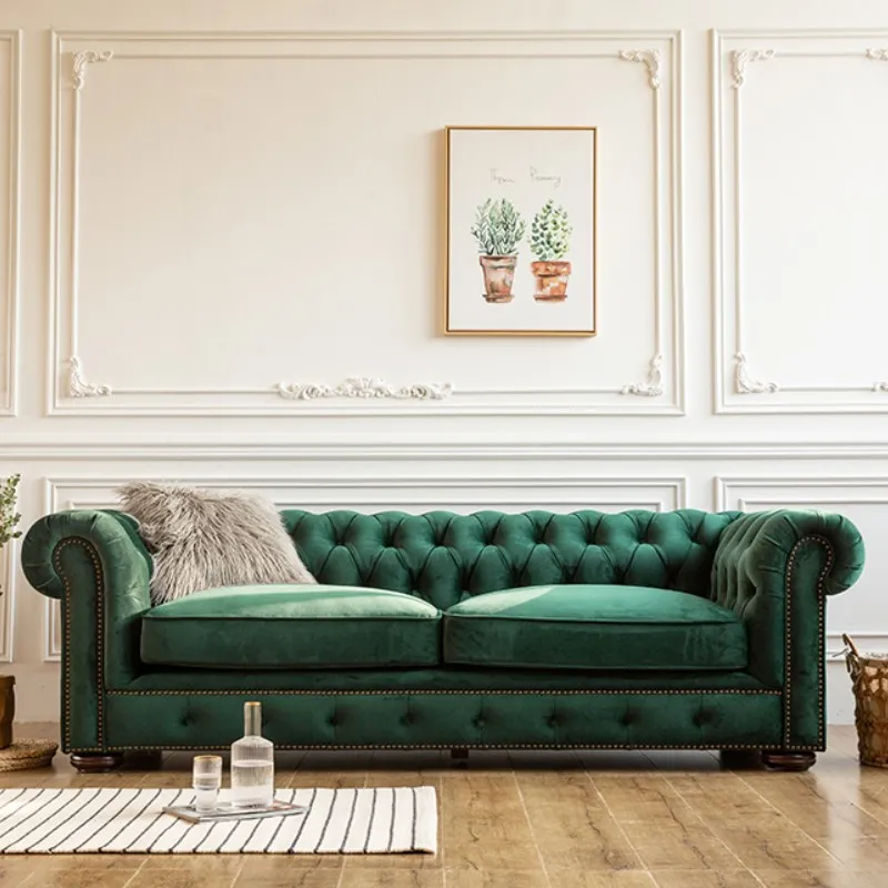 

American retro homestay pull button dark green three-person sofa living room velvet straight row sofa simple European pastoral