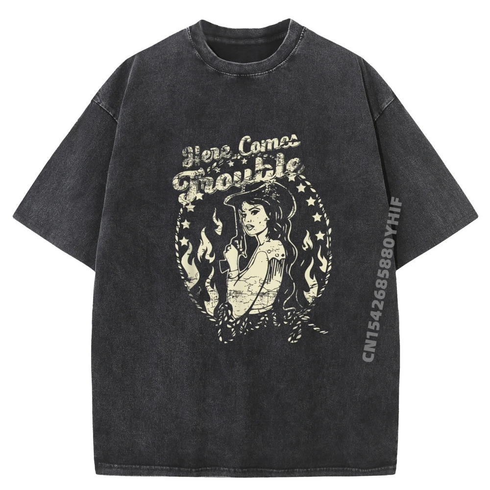

Рубашки Here Comes Trouble, мужские и женские футболки с графическим принтом Camiseta Masculina, классическая стираная одежда