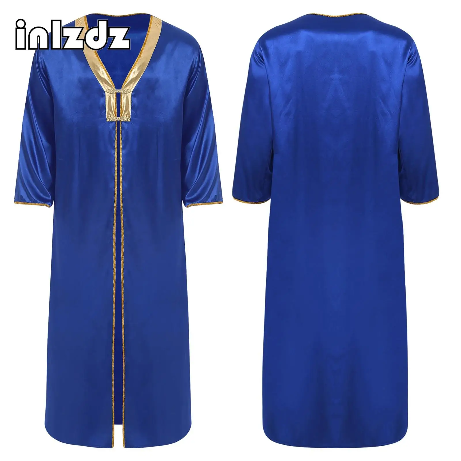 

Mens Arab Satiny Long Robe Long Sleeves Metallic Shiny Patchwork Gold Trim Long Tunic Arabian Costume for Halloween Cosplay