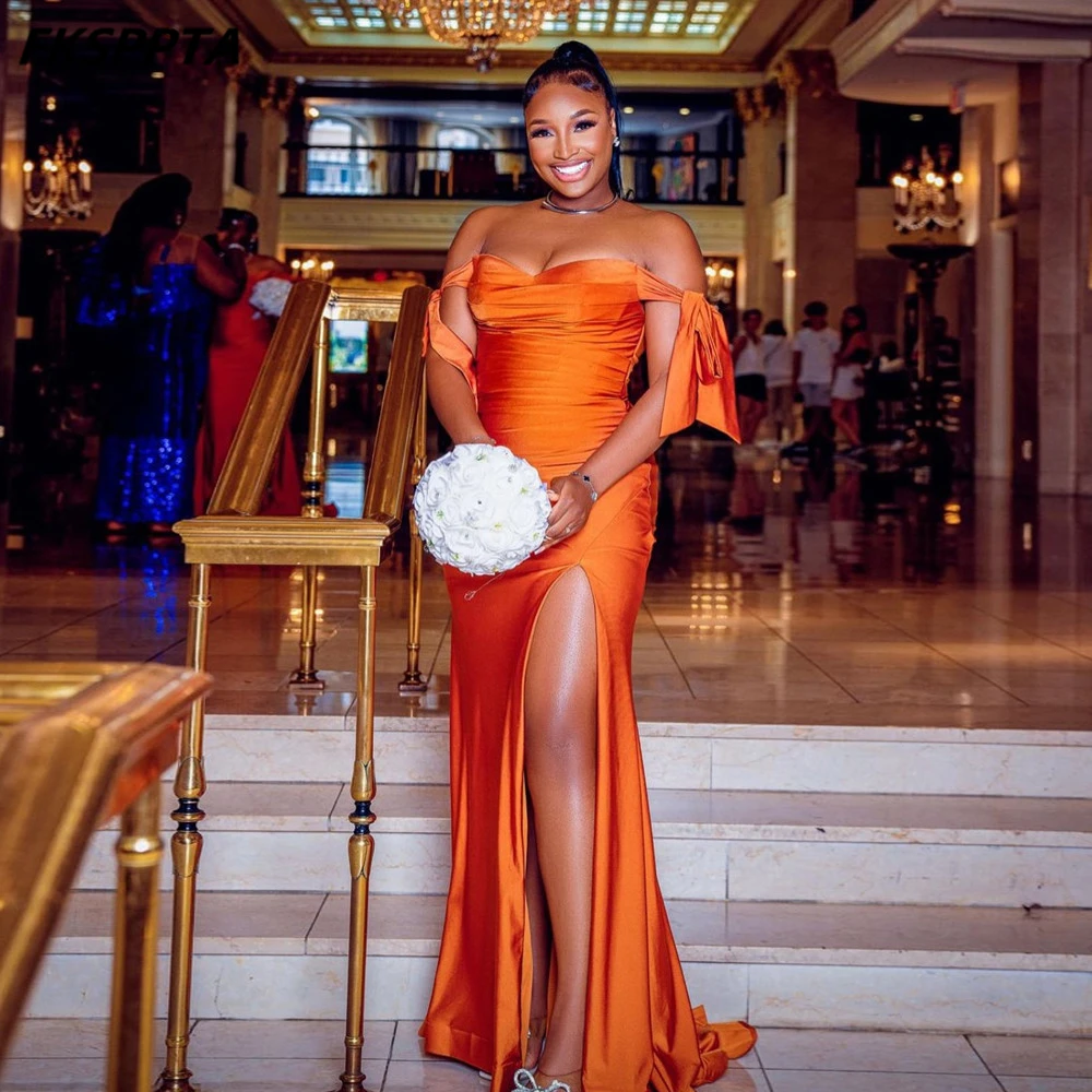 Long 2025 Wholesale Mermaid Bridesmaid Dresses Orange Sweetheart Side Split Shiny Satin Maids Of Honor Gowns Dropshipping