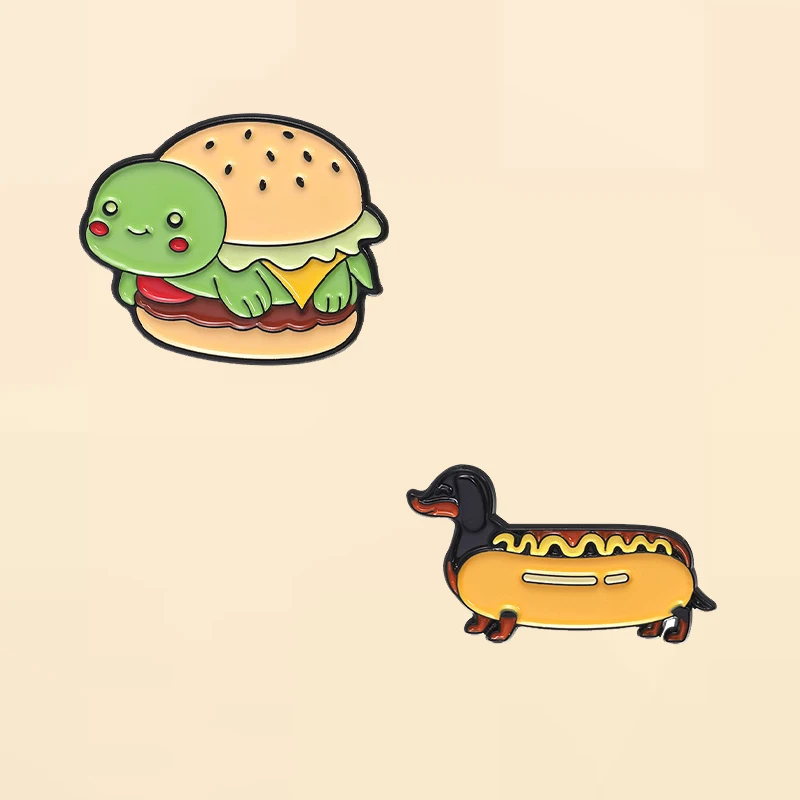 Lindo cachorro de salchicha esmalte Pin conjunto creativo con insignia de solapa deliciosa hamburguesa tortuga broche joyería al por mayor regalo amigos
