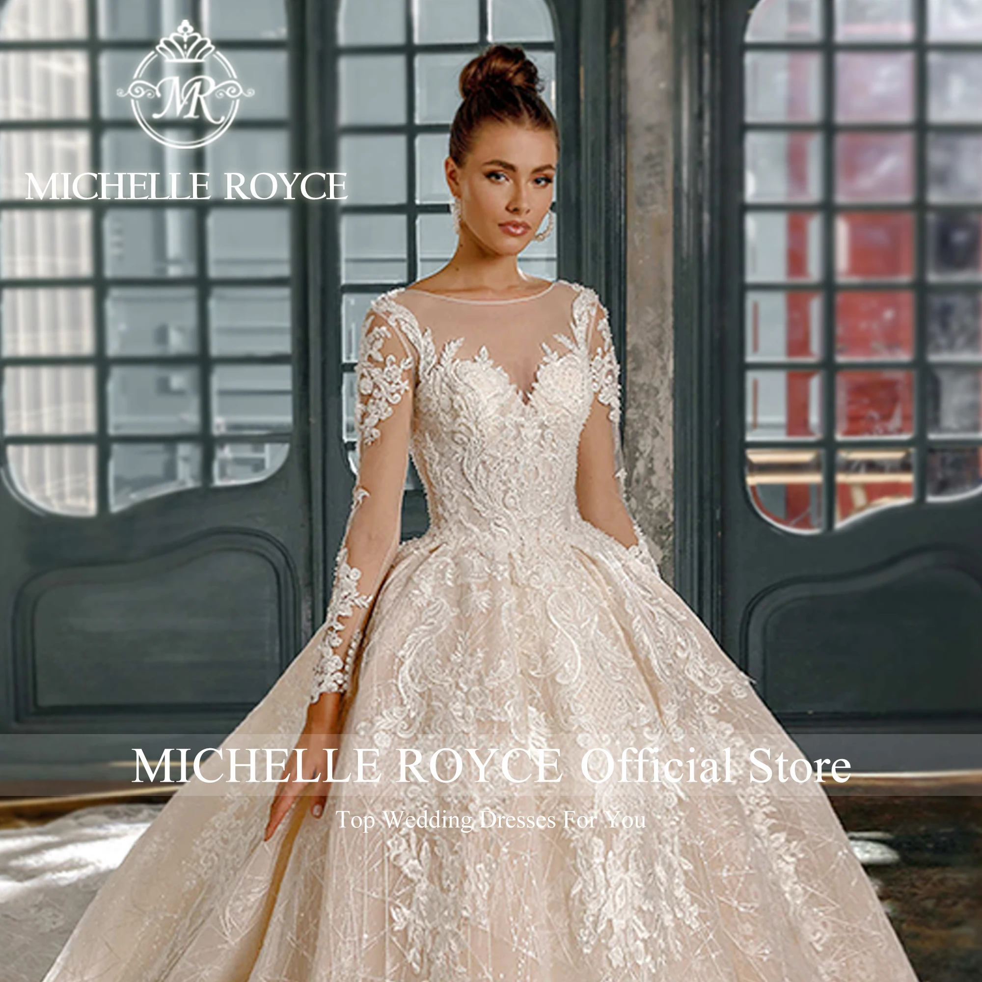 Michelle Royce หรูหราชุดแต่งงานสําหรับผู้หญิง Sweetheart Appliques Beaded เซ็กซี่แขนยาวชุดแต่งงาน Vestidos De Novia