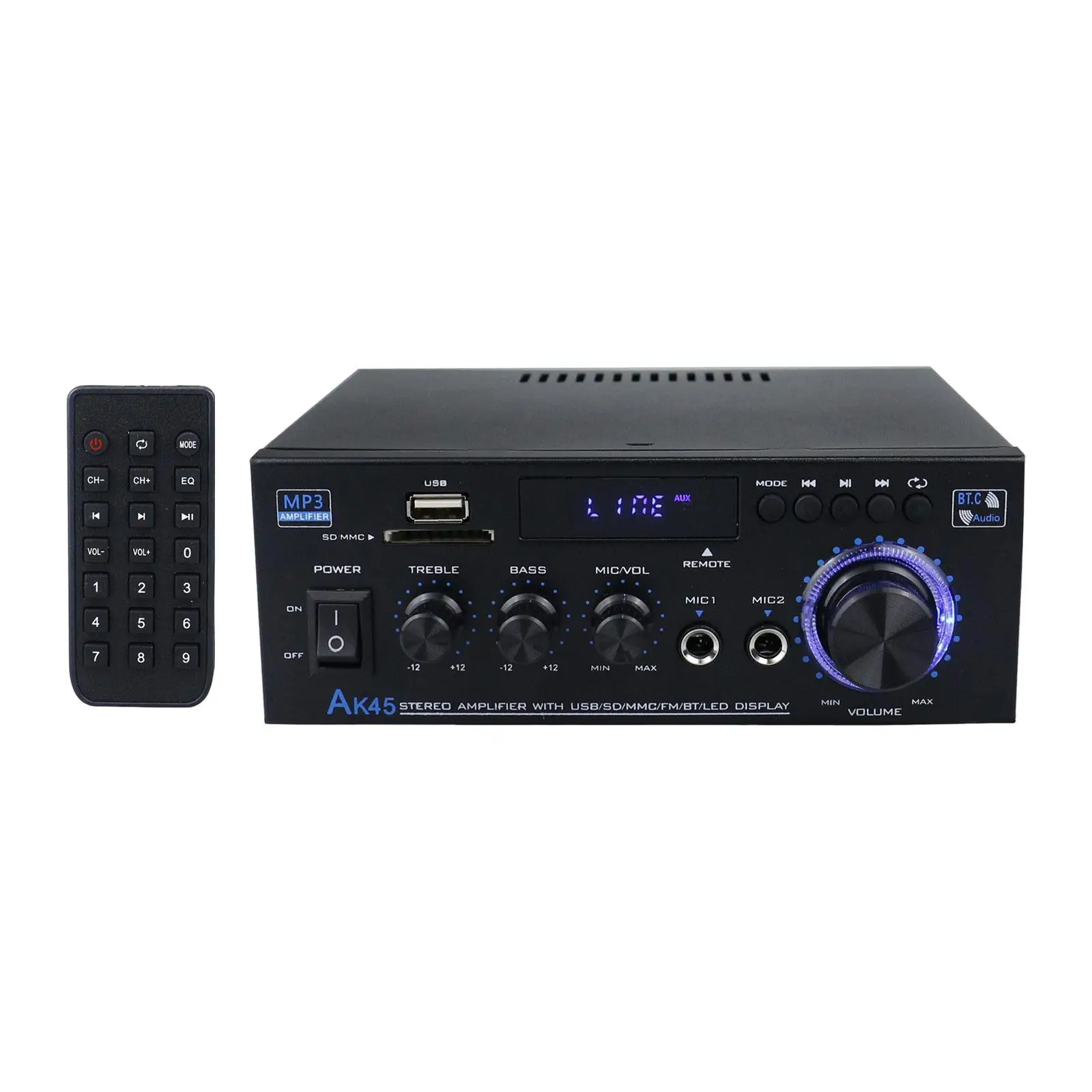 AK45 Home Audio Amplifier with Mic with Blue LED Lights Stereo Power Amplifier HiFi Audio Amplifier for Home Theater System Use