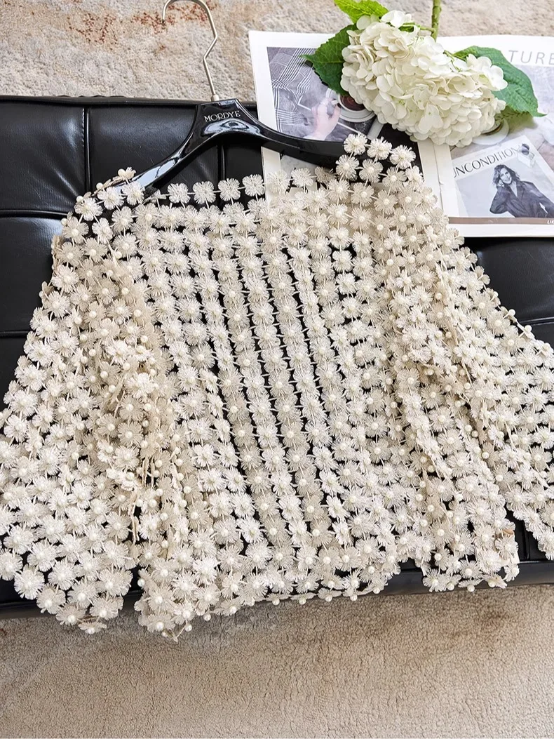 

Свободная вязаная футболка с кружевом, ажурными вставками, бахромой и бисером, с эффектом многослойности, летняя, яркая, для женщин, модная, для повседневной носки