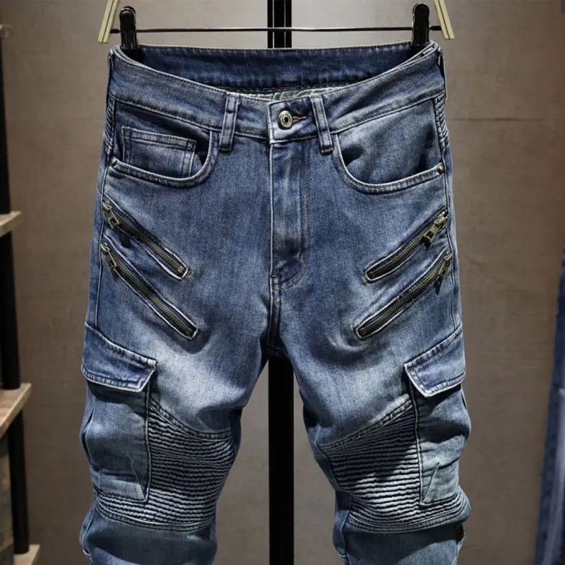 

Italiany2k Fashion New Men's Jeans Zipper Embroidery Decoration Washed Nostalgic Stretch Slim Fit Retro Light Blue Jeans Design