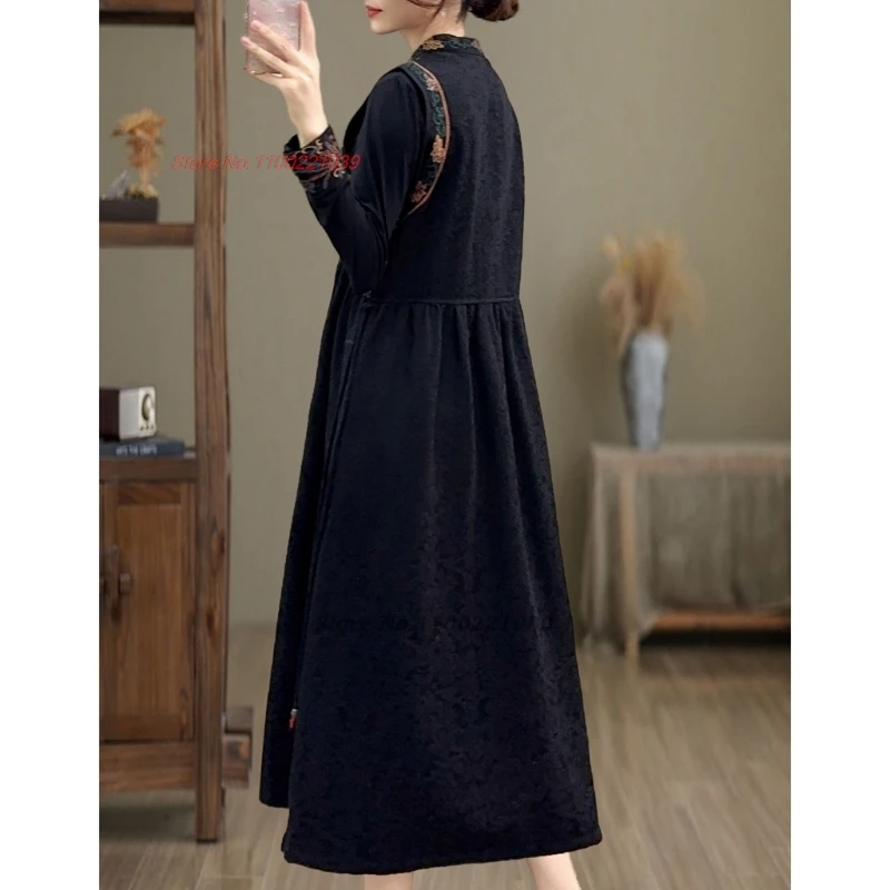 ชุดฮั่นฝูแบบดั้งเดิมของจีนปี 2025 ปักลายดอกไม้ประจำชาติ ผ้าฝ้ายผสมลินิน แขนกุด ลายแจ็คการ์ด สไตล์ย้อนยุค ทรงเอไลน์ ชุดพื้นเมือง