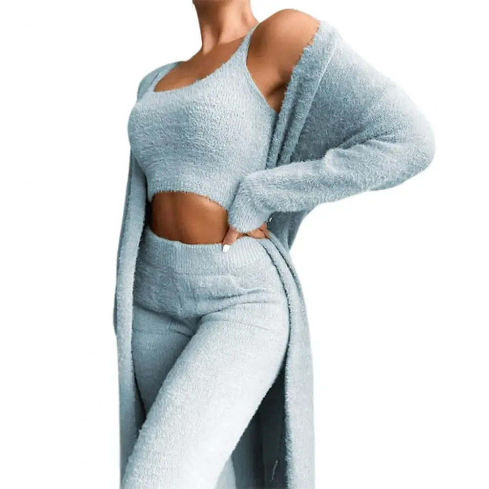 Women Knitted Plush Comfy Outfit Set Lounge Wear Plush Crop Top And Cardigan And Long Trousers Pants Pajamas 3 Piece Set