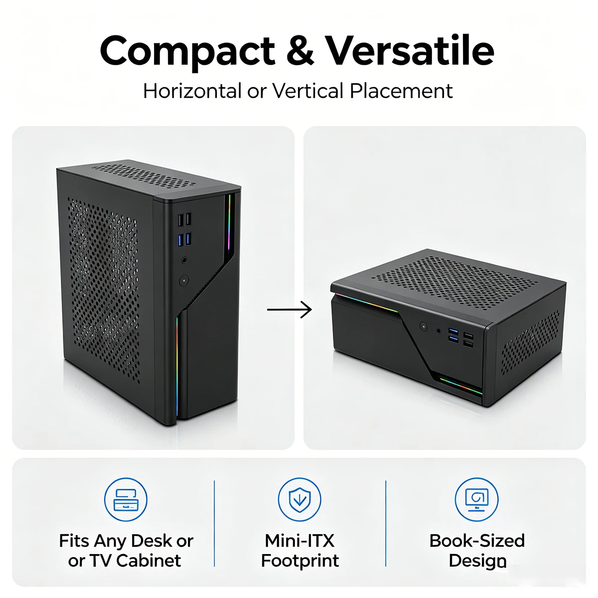 Mini-ITX SFF Computer Case with Mesh Cooling, HTPC Desktop Chassis, 5V ARGB, Front Panel 4x USB+Audio, Fits Only for 1U FLEX PSU