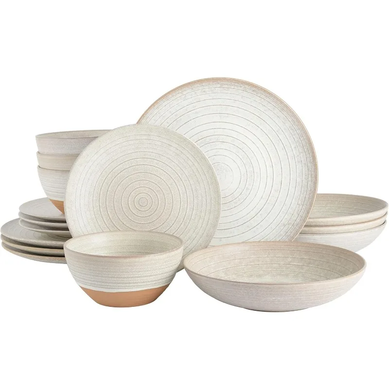 

16 Piece Dreamweaver Double Bowl Terracotta Reactive Dinnerware Set - Sand Cream, Service for 4 (16pcs)