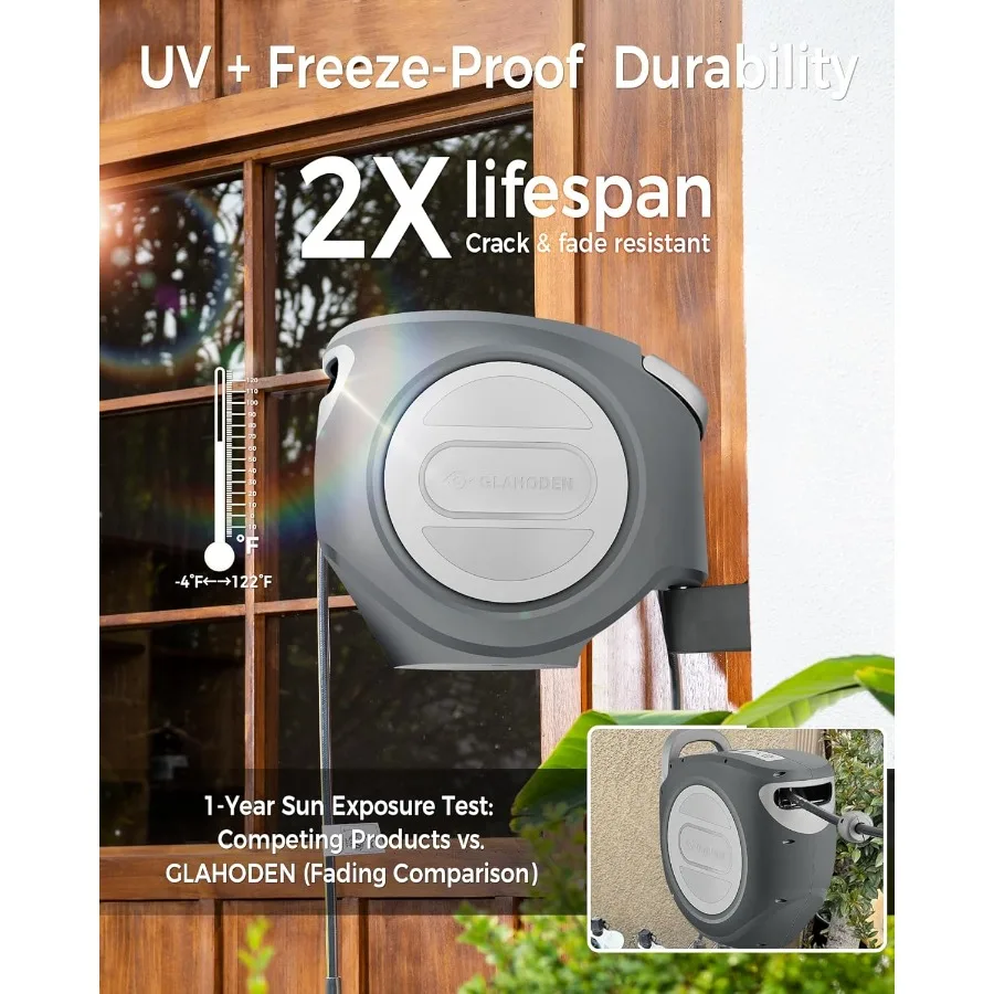 بكرة خرطوم حديقة قابلة للسحب 5 8 بوصة × 100 قدم دعامة معدنية 2025 قفل بسقاطة مزدوج مطور للأشعة فوق البنفسجية حماية من التجميد ختم نحاسي بطيء