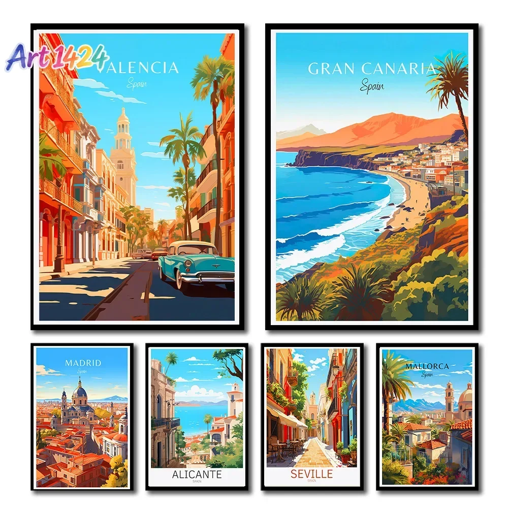 Spain Travel Poster Paris Gran Canaria Barcelona Madrid Granada Landscape Canvas Print Painting Wall Art Picture Room Home Decor