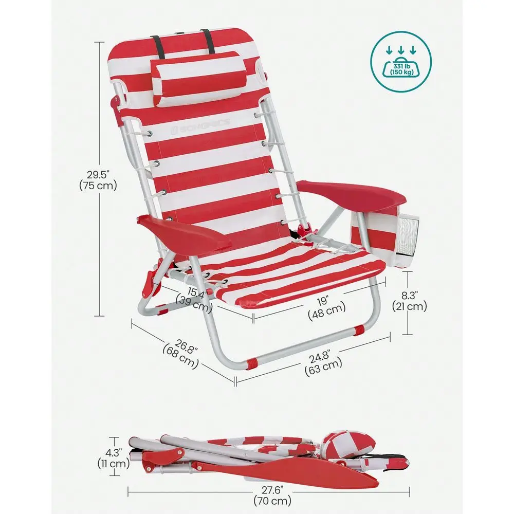 Beach Chair, Folding Camping Chair, Portable Outdoor Chair, 331 Lb Capacity, Carry As A Backpack, With Adjustable Backrest, Headrest, Armrest, 2 Side Pockets
