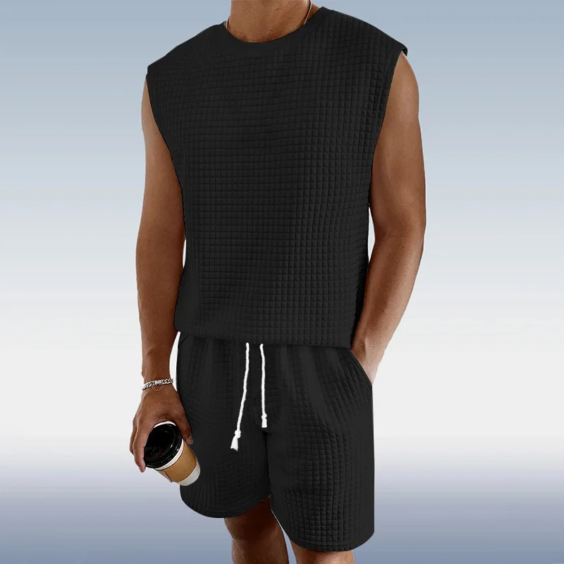 2024 new men's sports suit summer casual suit small square sleeveless vest shorts two-piece set