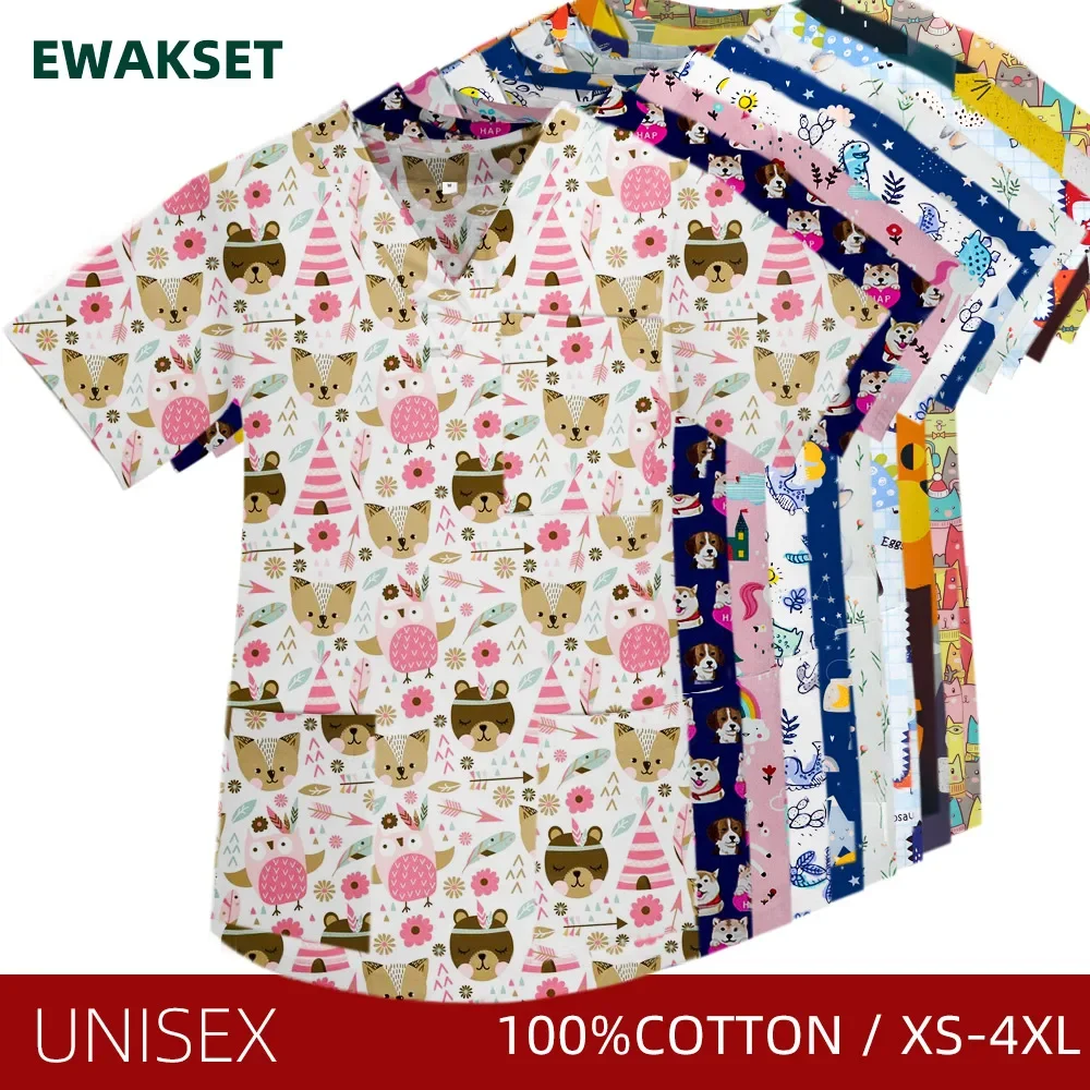 Топы унисекс с коротким рукавом и V-образным вырезом, хлопковая униформа, топ для медсестер, врачей, медицинских ветеринаров, блузка для стоматологических работников Топы унисекс с коротким рукавом и V-образным вырезом, хлопковая униформа, топ для медсестер, врачей, медицинских ветеринаров, блузка для стоматологических работников