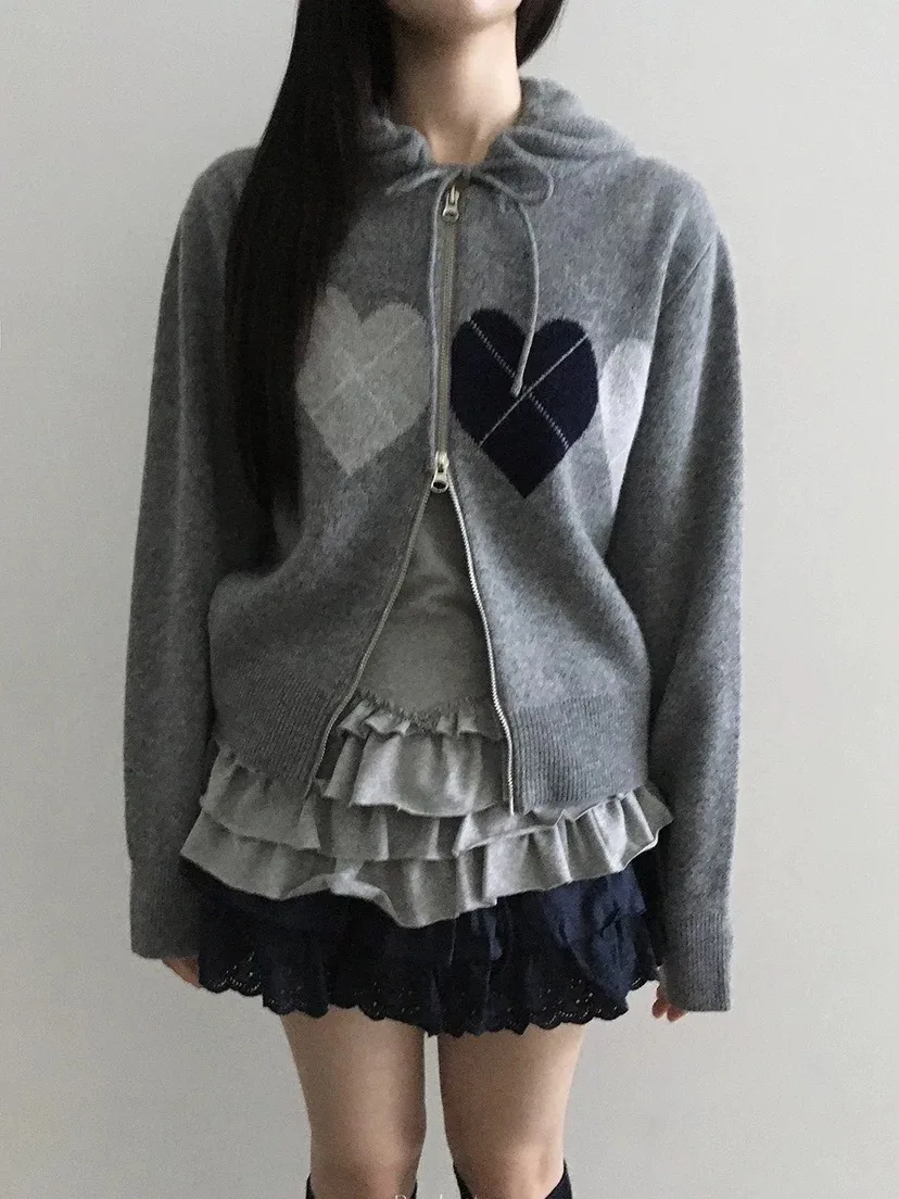 المرأة محبوك سترة معطف مع Dstring هود القلب نمط الماس معرف تصميم الخريف جديد Sle عارضة أعلى مريحة