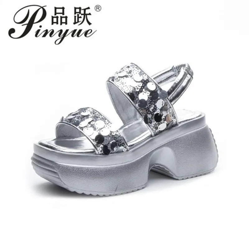 7cm summer new fashion silver black sequin platform sandals Increase casual beach sandals 33 40